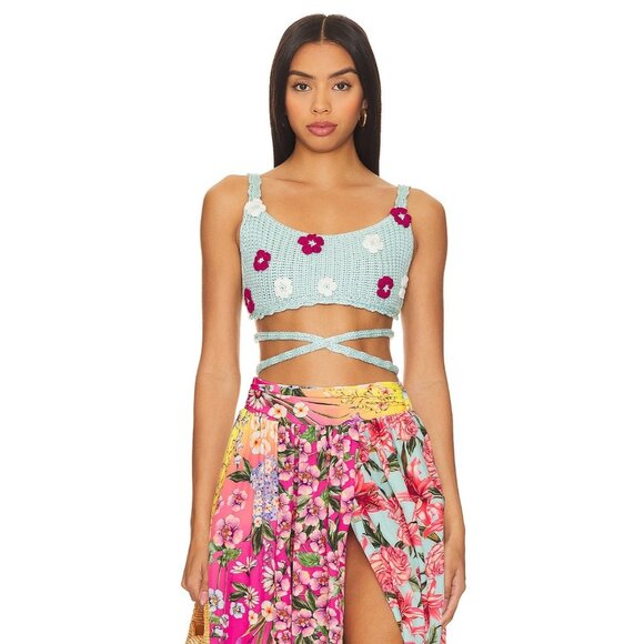 Agua Bendita x REVOLVE Albany Crop Top Aqua Floral Womens Size Small - Picture 1 of 9